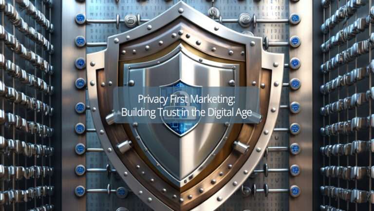 Shield symbolizing data protection surrounded by transparent locks with text 'Privacy First Marketing' and 'Building Trust in the Digital Age | Cosmos Revisits