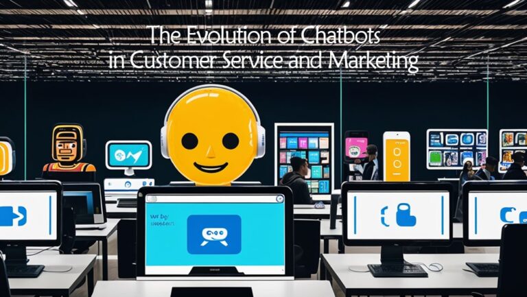 A friendly chatbot interacting with customers through smartphones and computers, set against a background illustrating the evolution of technology and communication | CosmosRevisits.com