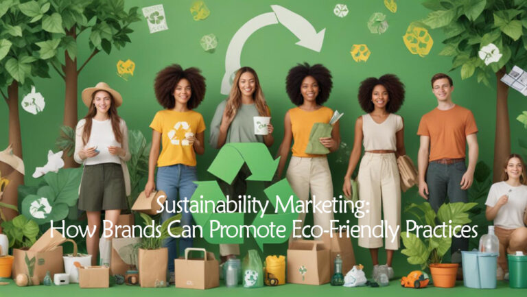 People engaging in eco-friendly activities like recycling, using renewable energy, and shopping for sustainable products with nature elements and sustainability symbols in the background. | CosmosRevisits.com